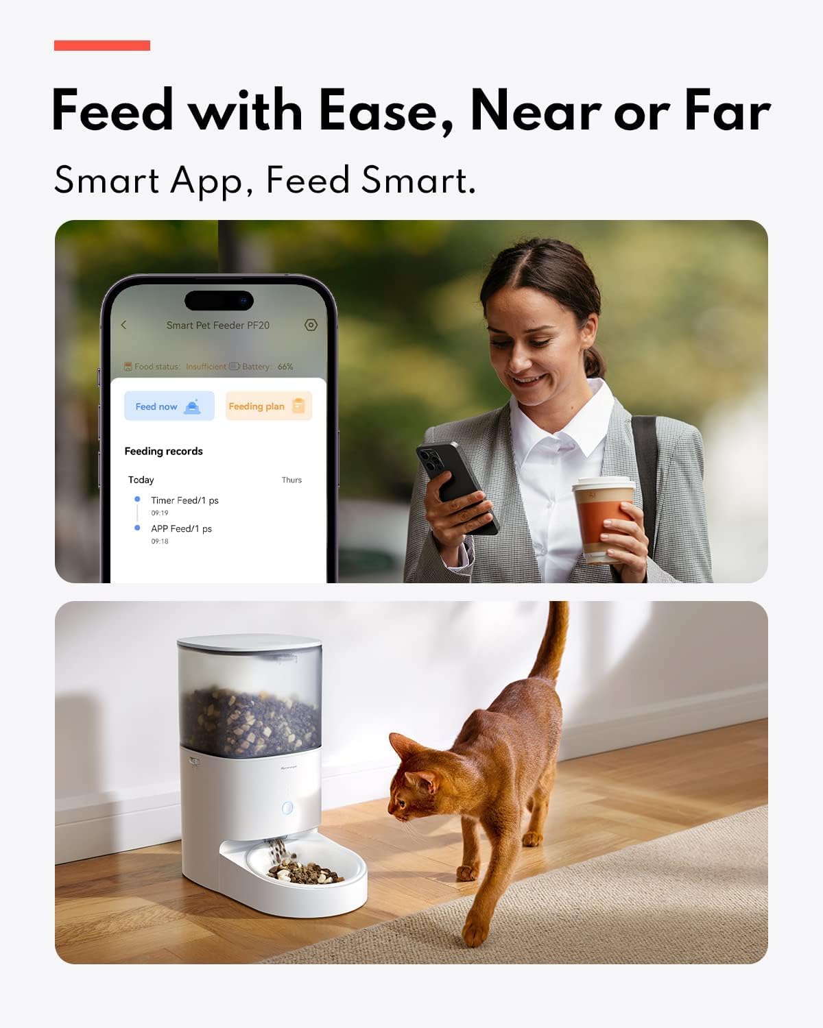 Homerunpet Automatic Cat Feeder - 4L Timed Pet Feeder, No Jam Freeze Dried Safe, WiFi & Bluetooth App Control, 30-Day Freshness for Cats and Small Dogs (Stainless Steel Bowl) - Image 2
