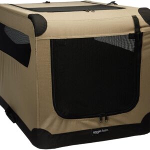 Amazon Basics Portable Folding Soft Dog Crate, Double Door, Collapsible Travel Kennel, Easy to Assemble, Medium, 29.92″ x 21.3″ x 21.3″, Tan