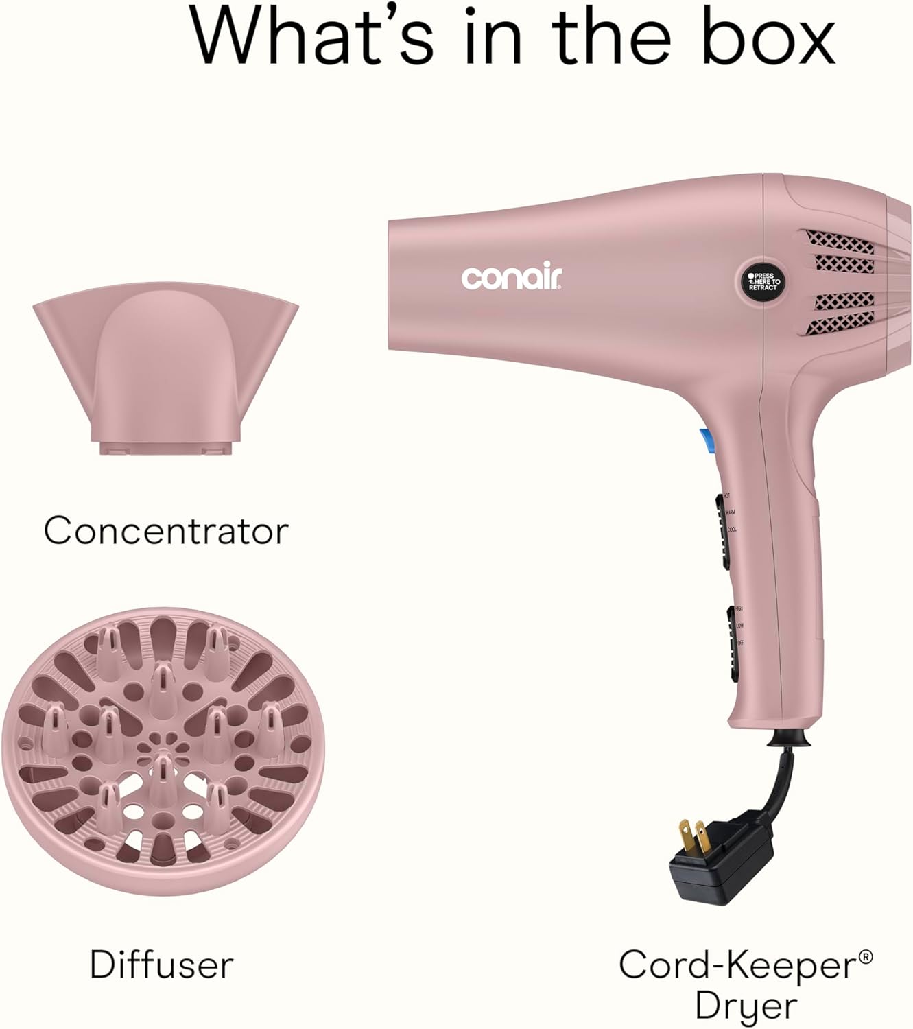 Conair Hair Dryer with Retractable Cord, 1875W Blow Dryer, 3 Heat Settings, 2 Speeds, Blow Dryer with Diffuser and Concentrator Attachments, Ionic + Tourmaline Technology, Matte Light Pink - Image 8