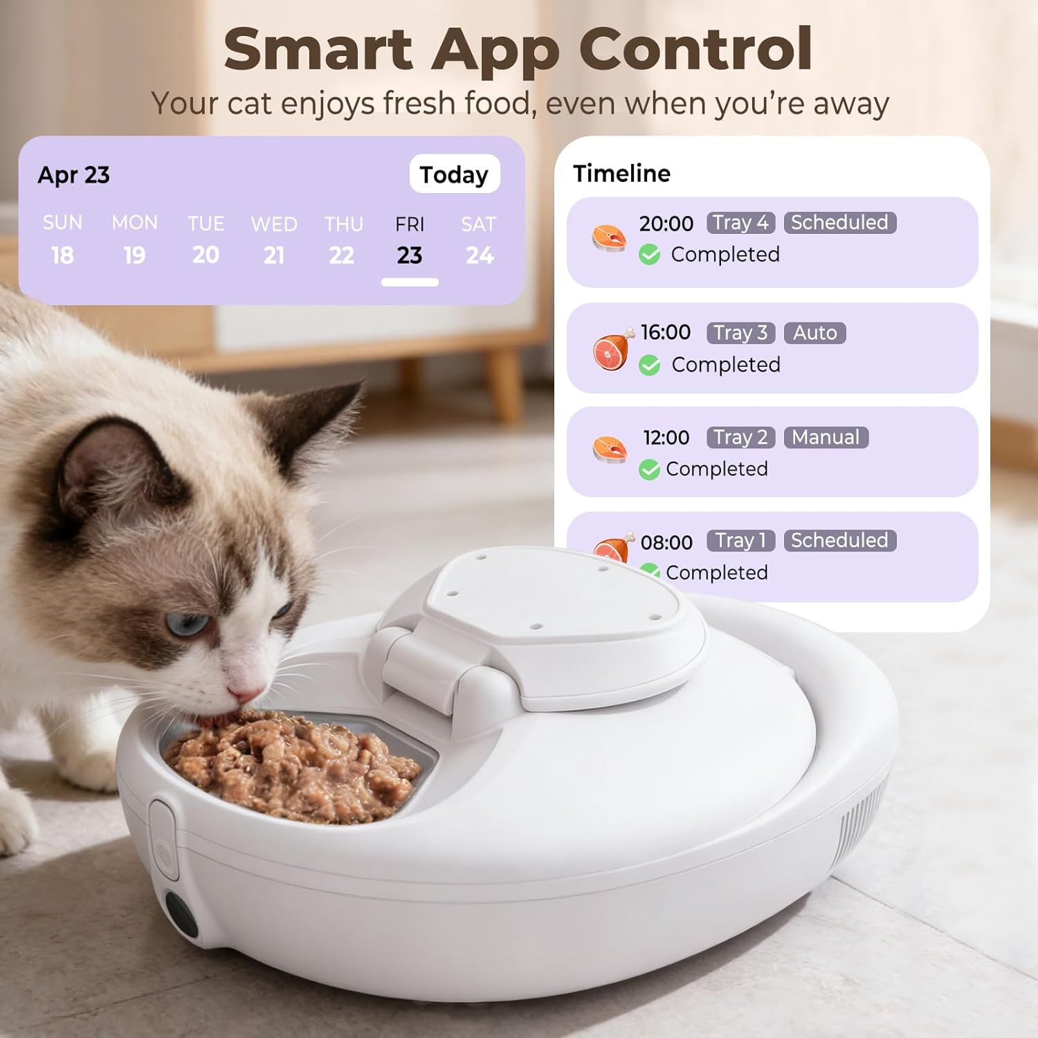 Robotail Automatic Cat Feeder for Wet Food - Fresh for 4 Days, Smart Dual-Temp Semiconductor Cooling & Heating Auto Cat Feeder with Multi-Function App, 4 Fresh Meal, Infrared Sensing, Easy to Clean - Image 4