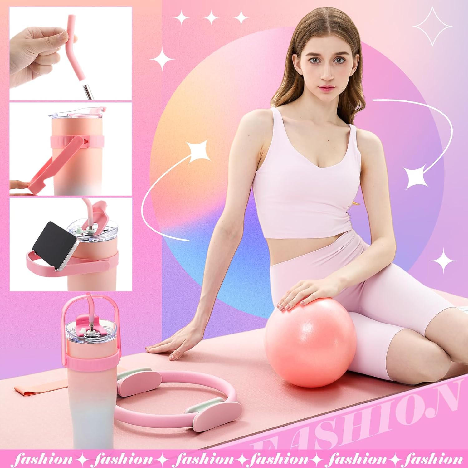 Poen 7 Pcs Pilates Essentials Kit for Women Home Workout Pilates Equipment Ring and Ball Set with 11.81 Inch Circle 9.84 Inch Yoga Ball Resistance Bands Cup Bag Socks for Beginners - Image 3