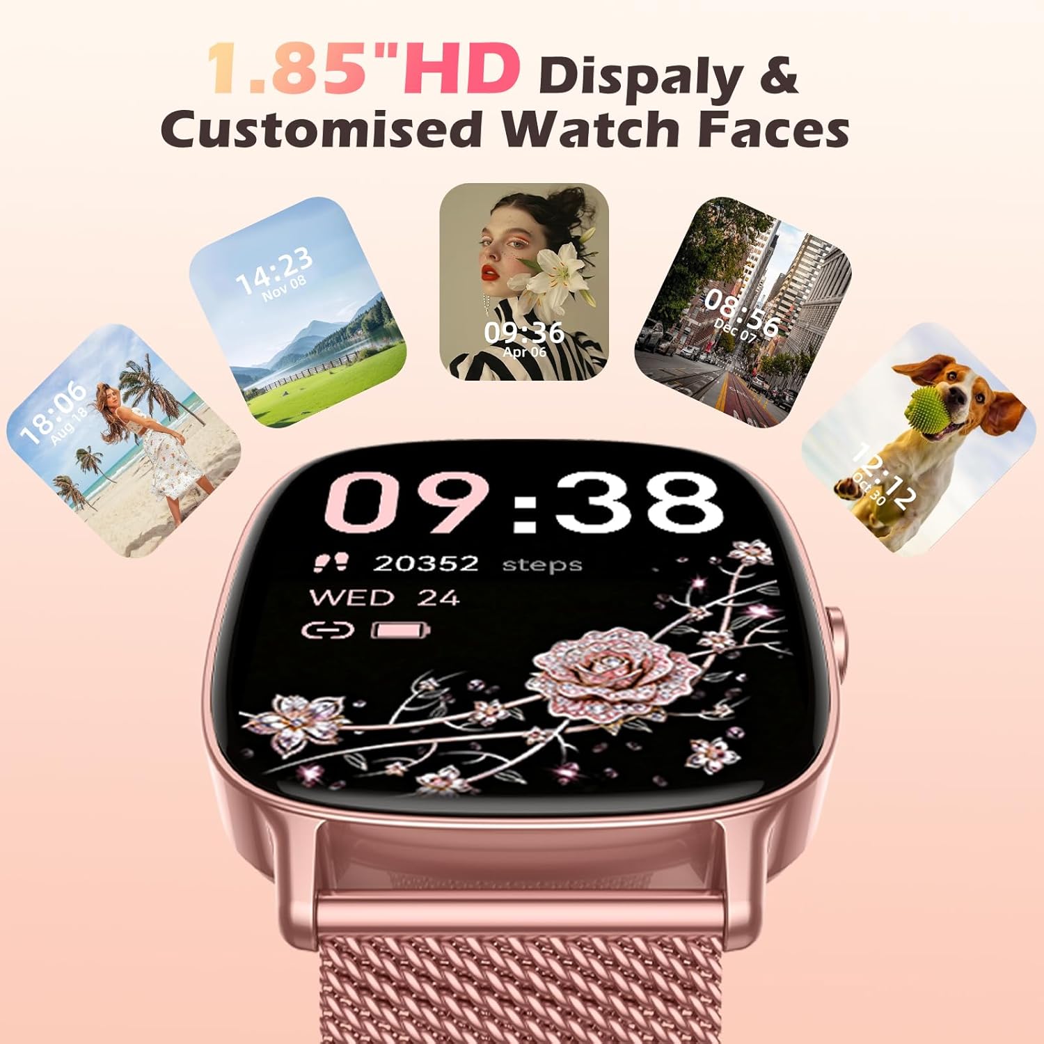 Smart Watch for Women, Answer/Make Call,1.85'' Ultra-Clear Screen Fitness Tracker with Heart Rate/Sleep/SpO2 Monitor,Smartwatch for iPhone/Samsung/Android,120+ Sport Modes,IP68 Waterproof with 2 Bands - Image 6