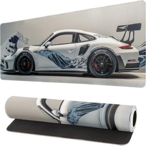 White Ukiyo-e Style Sports Car Large Gaming Mouse Pad Desktop Mat 31.5×11.8 Inch – Non-Slip Rubber Base – for Gamers – Perfect for Gamers & PC Enthusiasts
