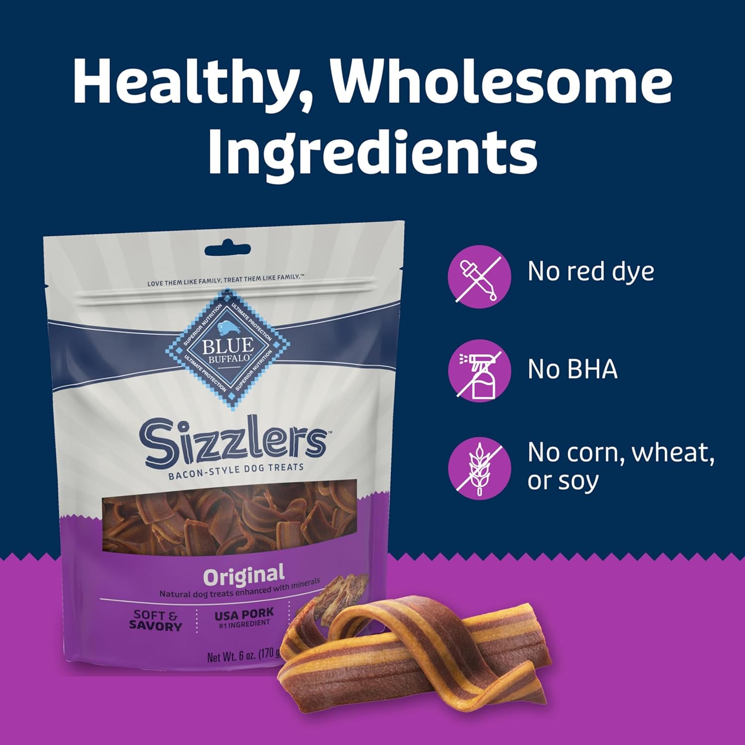 Blue Buffalo Sizzlers Natural Soft Dog Treats, Bacon-Style Soft-Moist Dog Treats with Real USA Pork, Original Flavor, 6-oz Bag - Image 7