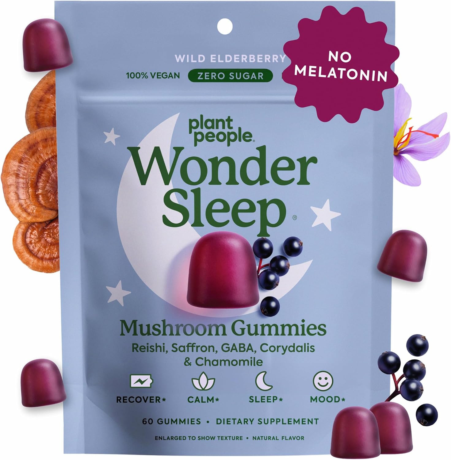 Plant People WonderSleep Mushroom Gummies Supplement for Sleep, No Melatonin with Reishi Super Mushrooms, Wild Elderberry Flavor, Sugar-Free (60 Count)