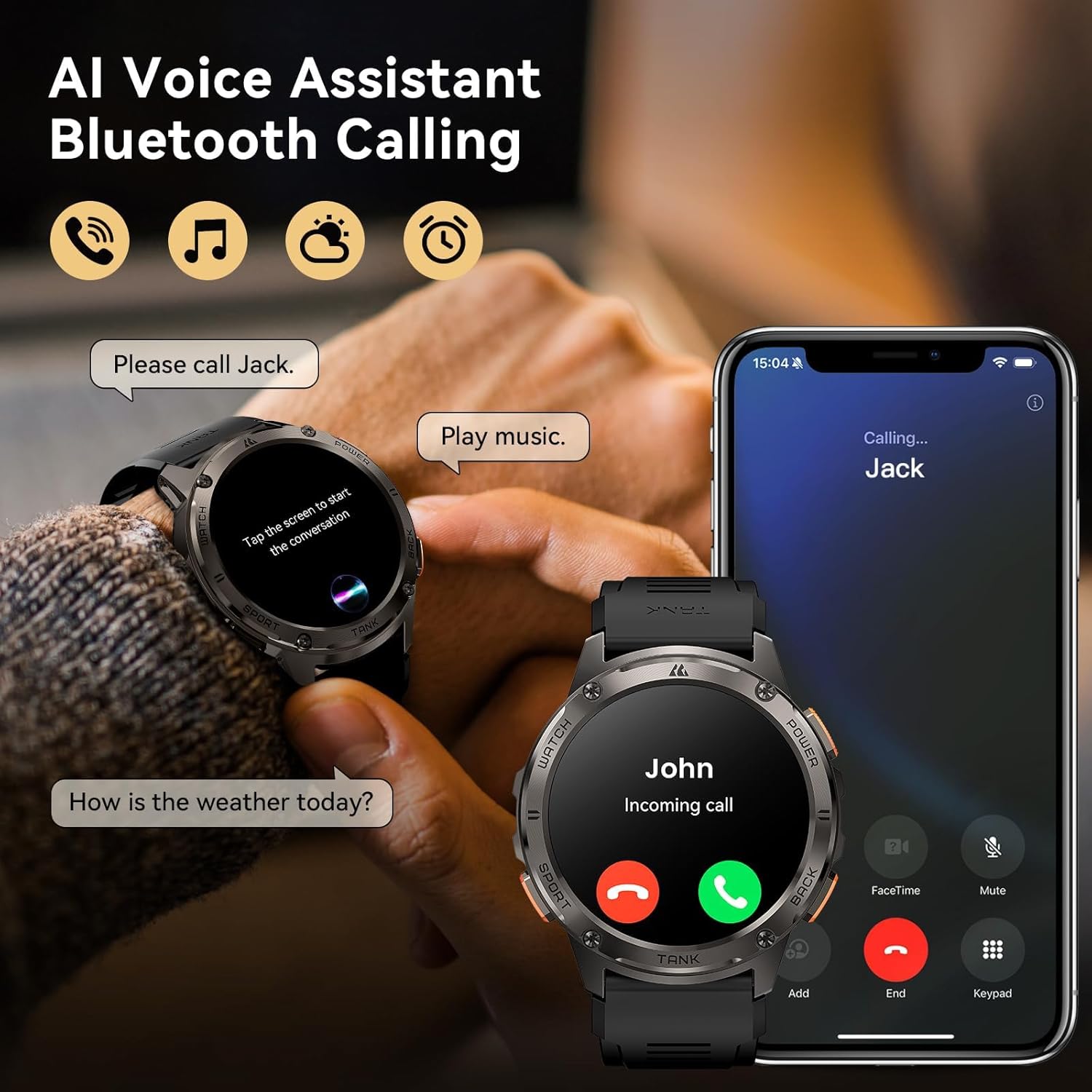 AMAZTIM Smart Watches for Men,60 Days Extra-Long Battery, Rugged Military Bluetooth Call(Answer/Dial Calls),1.43" Ultra HD AMOLED Display,Full Metal Body SmartWatch Compatible iPhone and Android - Image 4