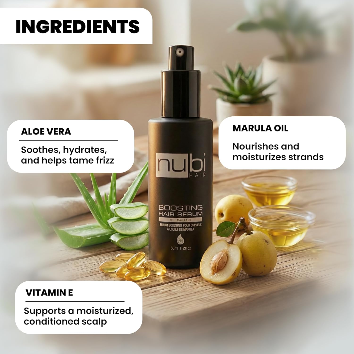 Nubi Marula Anti Frizz Serum - Smoothing Serum for Dry Hair Repair and Shine with Vitamin E, Aloe Vera - 2 Fl Oz - Image 2