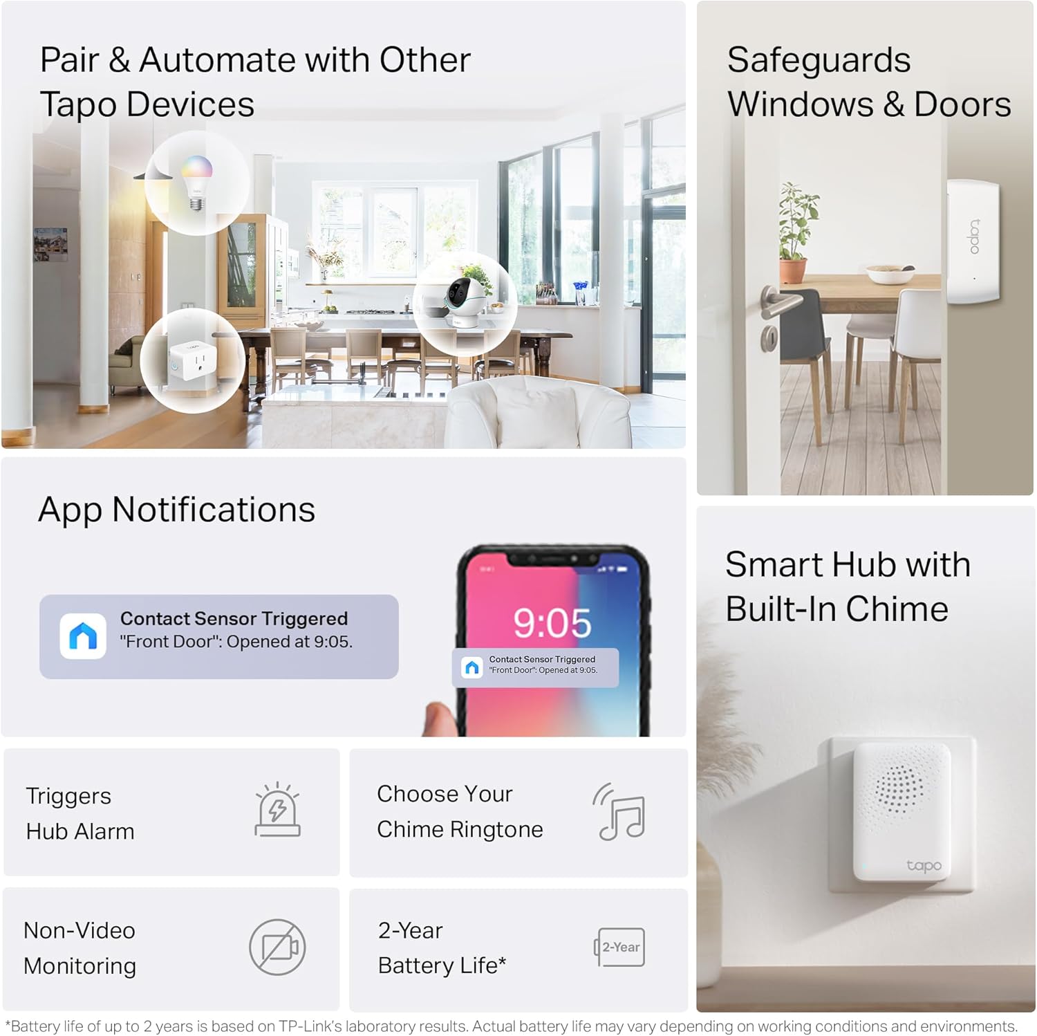 Tapo Door Sensor Starter KIT, Matter Compatible, 3X Smart Door Window Contact Sensor and 1x Smart Hub with Built-in Chime, Smart Automation, Real-Time Notification, T31 KIT - Image 2