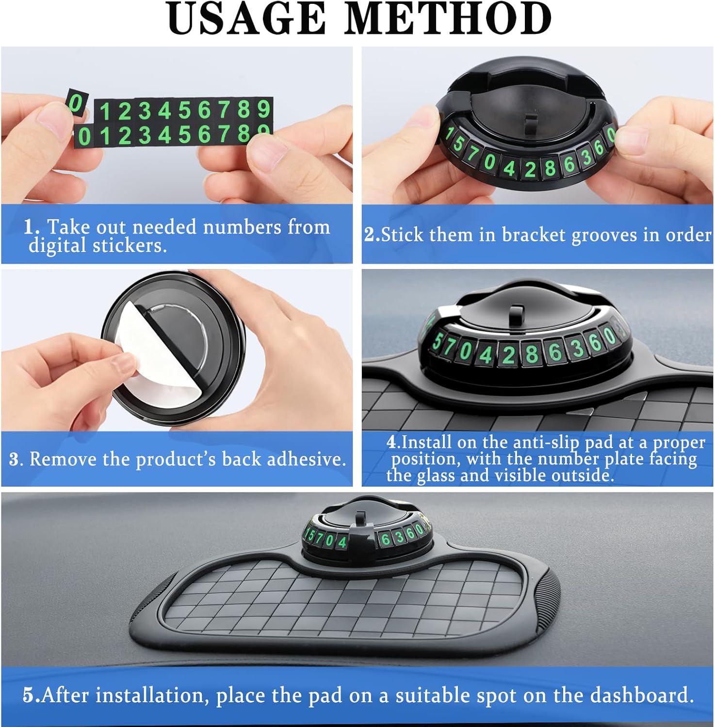 Multifunction Car Anti-Slip Mat Car Dashboard Mat 360° Rotating Adjustable Phone Holder with Hidden Parking Number Plate PVC Grid Style Mat - Image 7