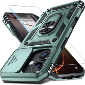 Janmitta Case for iPhone 14 & iPhone 13 Phone Cover Built in Slide Camera Lens Cover+Screen Protector,Heavy Duty Shockproof Full Body PhoneCase with Finger Ring Holder Kickstand,Dark Green