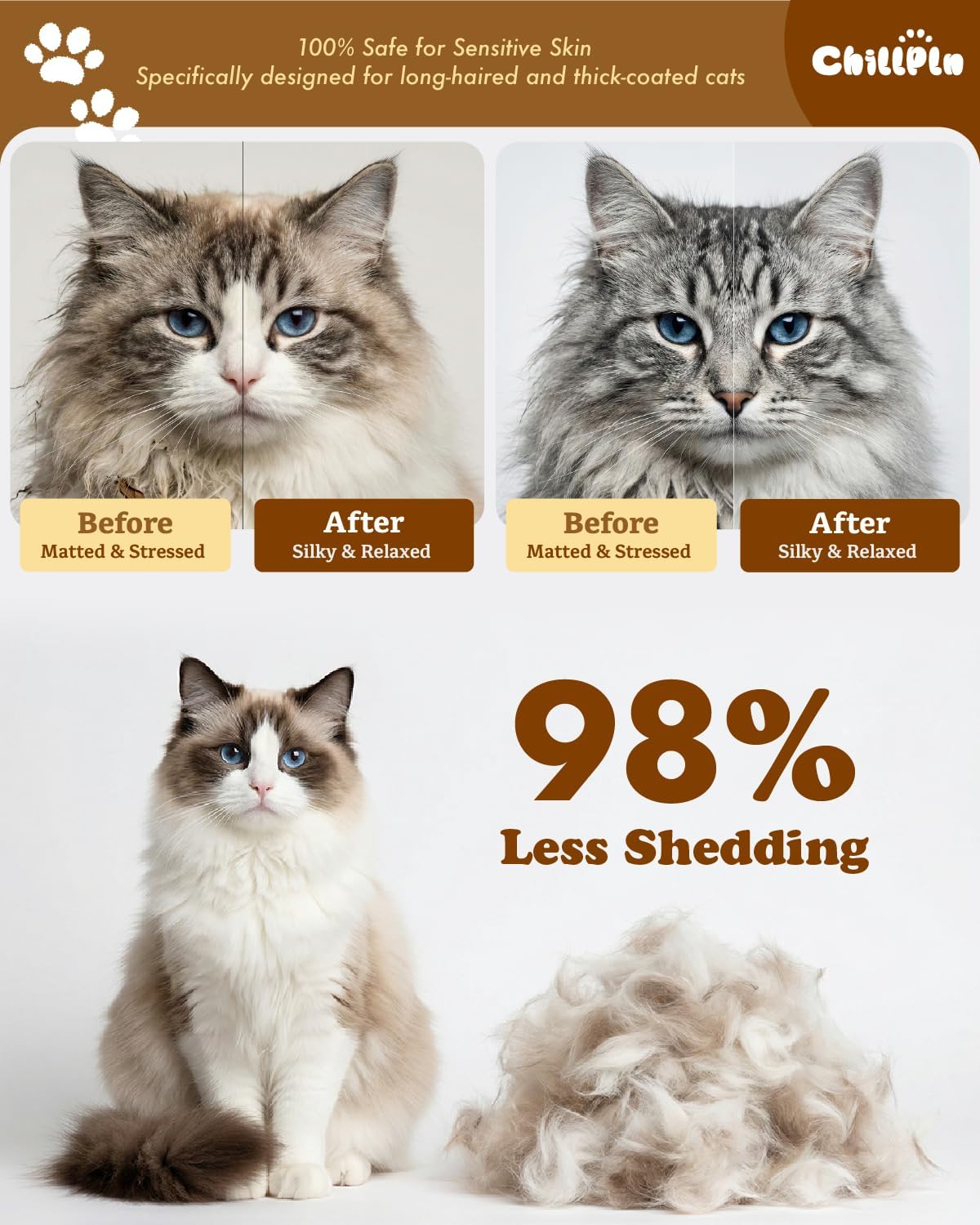 Cat Brush for Long Haired Cats - Double Sided Dematting Undercoat Rake for Persian, Ragdoll, Maine Coon - Professional Grooming Tool to Remove Mats, Tangles & Shedding - Skin-Safe Teeth - Image 5