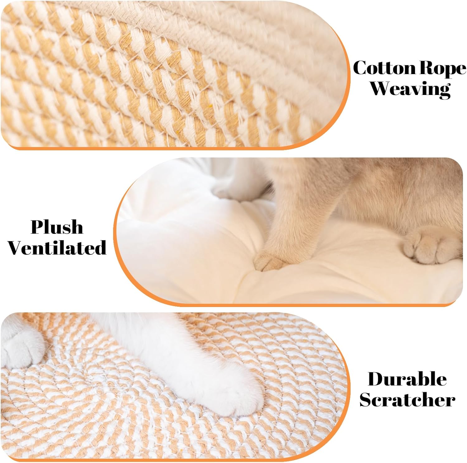 CHEERHOME PETS Cat Bed Basket with Cushion, Cotton Rope Woven Pet Bed for Indoor Cats Couch, Stimulicat Cat Bed Handwoven Breathable, All Season Universal (White) - Image 4