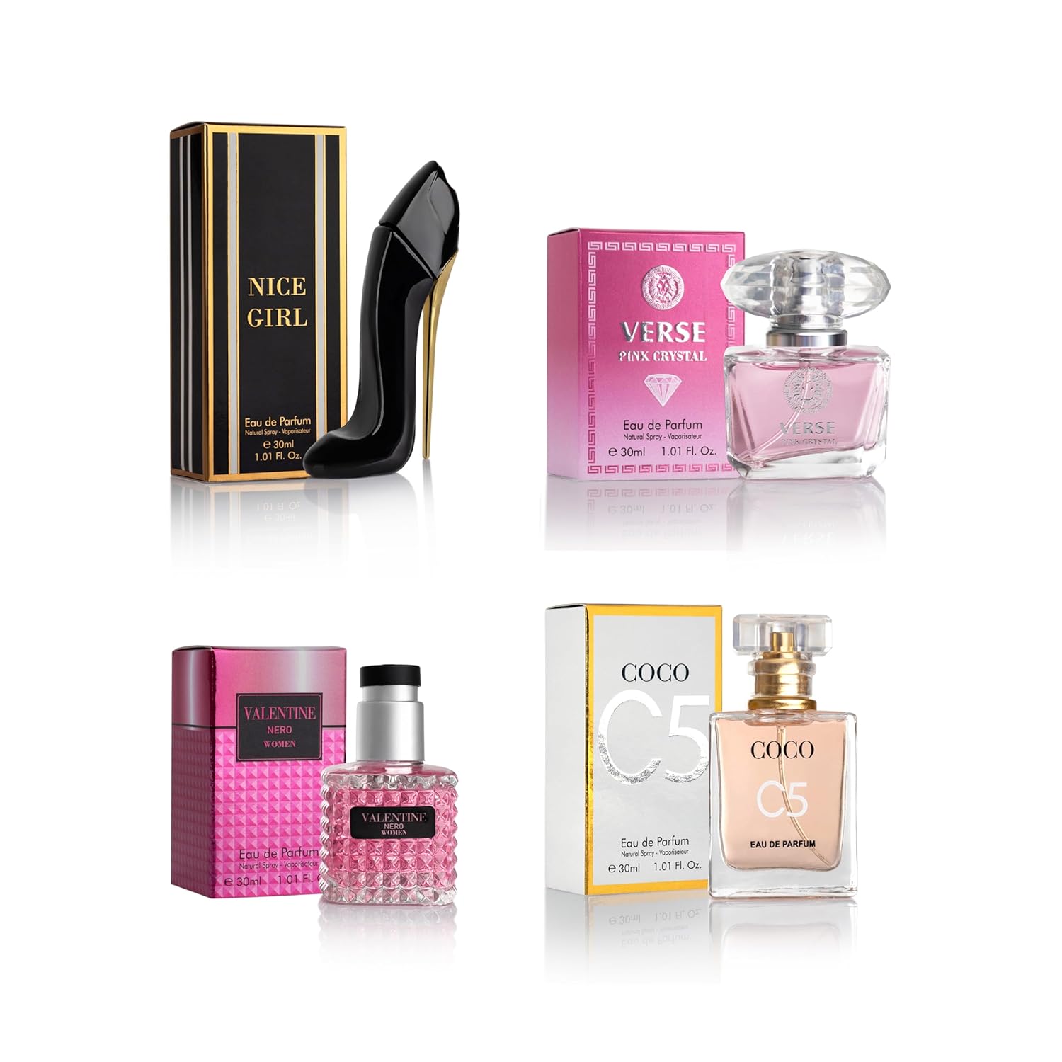 Essential 4 PC Mini Perfume Set, Birthday Gift Set for Women, Eau De Parfum 30ml Each, Vanilla Perfume & Floral Fragrance, Long-Lasting Travel Size, C5, Verse Pink Crystal, Nice Girl & Valentine - Image 9