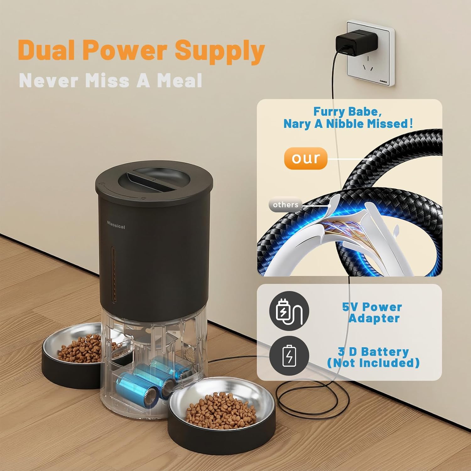 Miaosical Automatic Cat Feeder 2 Cats,2.4G WiFi Timed Auto Cat Food Dispenser with Dual Bowls,4.2L Smart App Control,Equal Portion Feeding for Multiple Cats (Black, 4.2L WiFi Dual Bowl) - Image 5