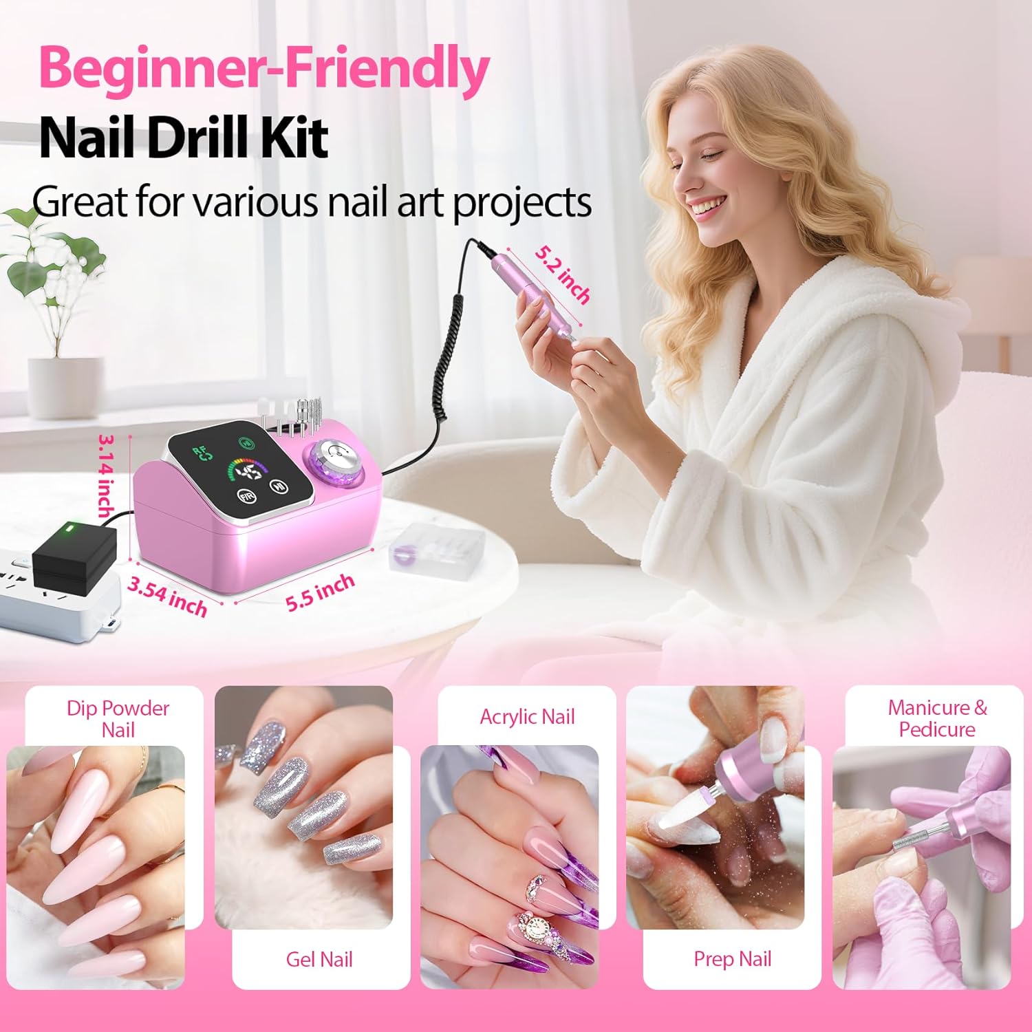 Professional Electric Nail Drill E-File Machine - 45,000 RPM Corded Nail Drills Kit with Low Noise & LED Display for Shaping, Removing & Polishing Acrylic Gel Nails for Salon Home - Image 6