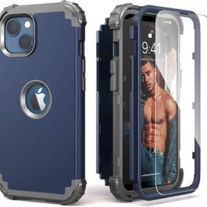 IDweel for iPhone 13 Case with Screen Protector, for iPhone 14 Case, Hybrid Shockproof Heavy Duty Protection Hard PC Cover Soft Silicone Sturdy Bumper Full Body Cover for iPhone 13/14 6.1″,Blue