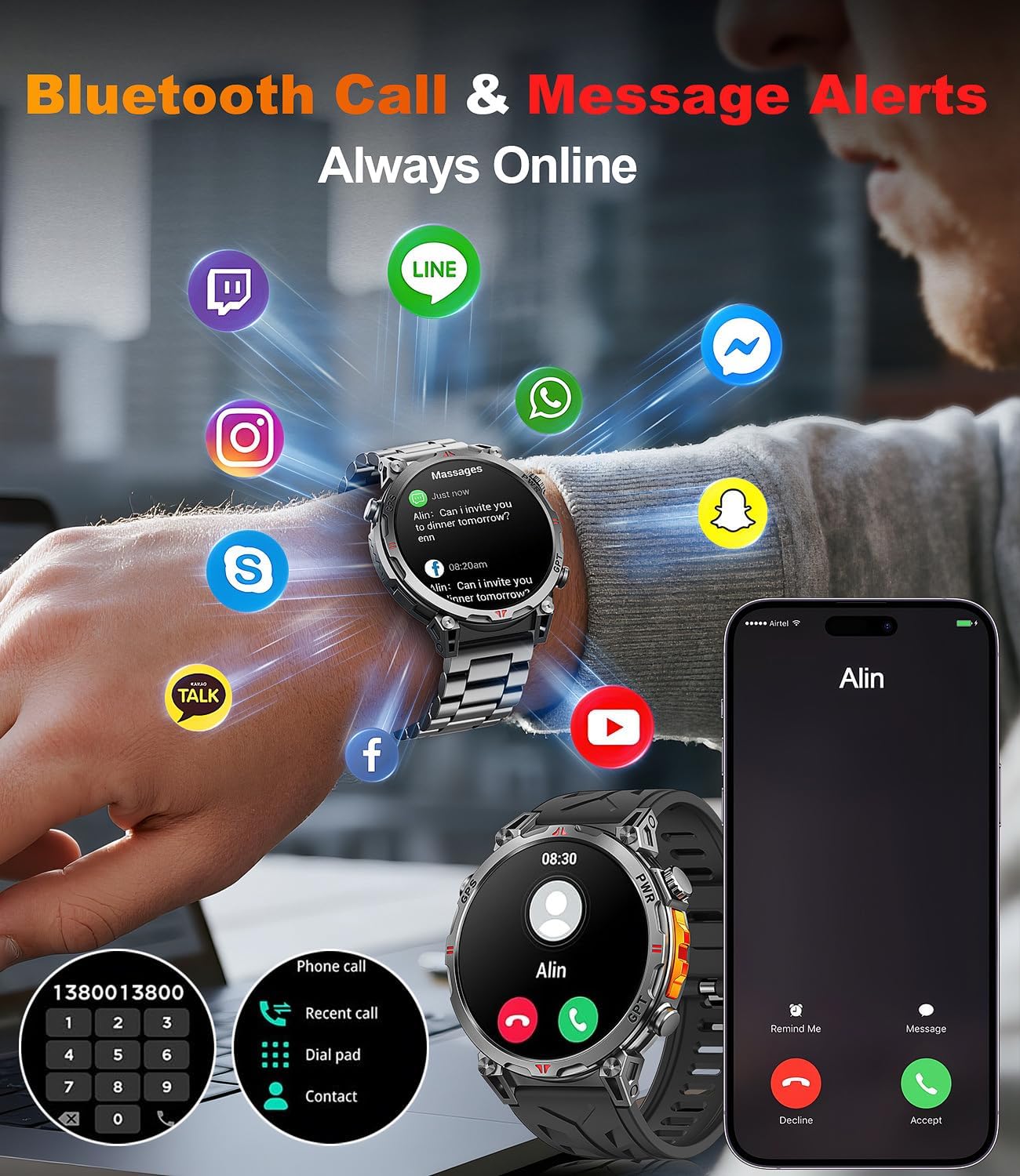 Military Smart Watches for Men GPS, 1.56" AMOLED Screen Bluetooth Call, Smartwatch for Android Phones and iPhone, 100+ Sport Modes, 3ATM Waterproof Smart Watch with Compass - Image 5