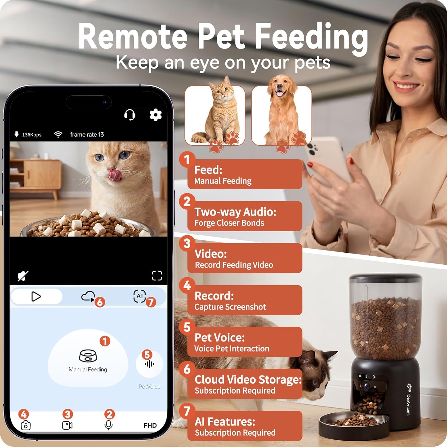 Automatic Cat Feeder with 2K HD Camera: 5G WiFi Automatic Dog Feeder with Night Vision, Auto Cat Food Dispenser with 6L Large Food Storage for Multiple Pet, Detachable for Easy Clean -24 Cup - Image 5