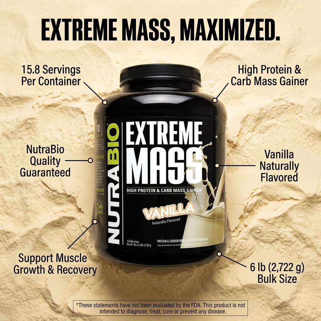 NutraBio Extreme Mass Gainer Protein Powder, 53G Protein, Clean Weight Gainer, Increase Muscle Mass, Full Spectrum Amino Acid - Vanilla, 6 Pound - Image 3
