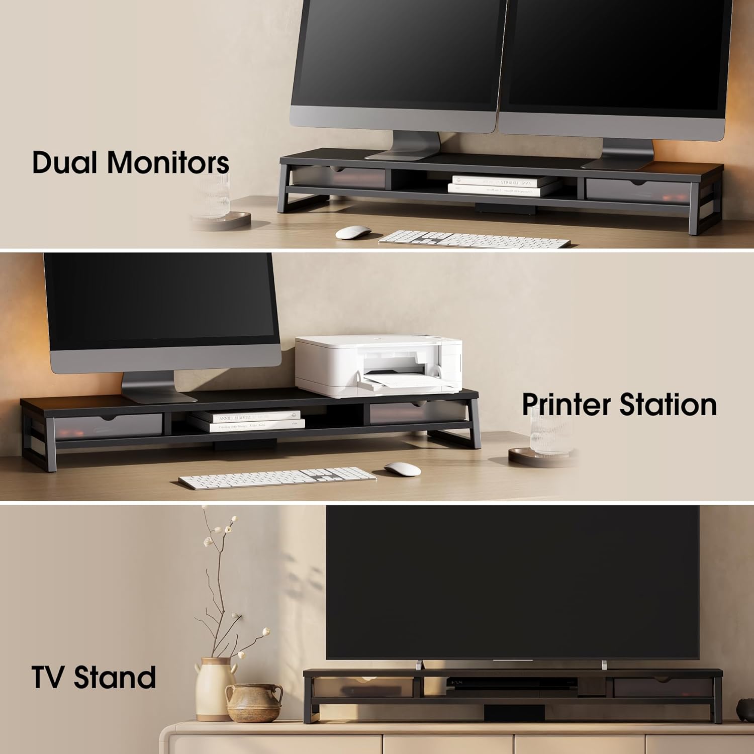 Fenge Dual Monitor Stand, Monitor Riser with Drawer, 42.5 Inch Large Computer Monitor Stand for 2 Monitors, 2 Tier Wooden Desk Shelf for Top of Desk - Image 6
