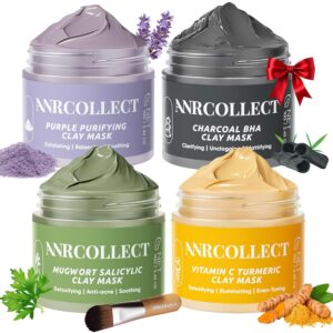 ANRCOLLECT 4-Pack Clay Face Mask Set (280g Total) – Vitamin C Turmeric, Charcoal BHA, Mugwort Salicylic & Purple Clay Masks for Deep Pore Cleansing, Oil Control & Blackhead Removal – Skincare Gift Set