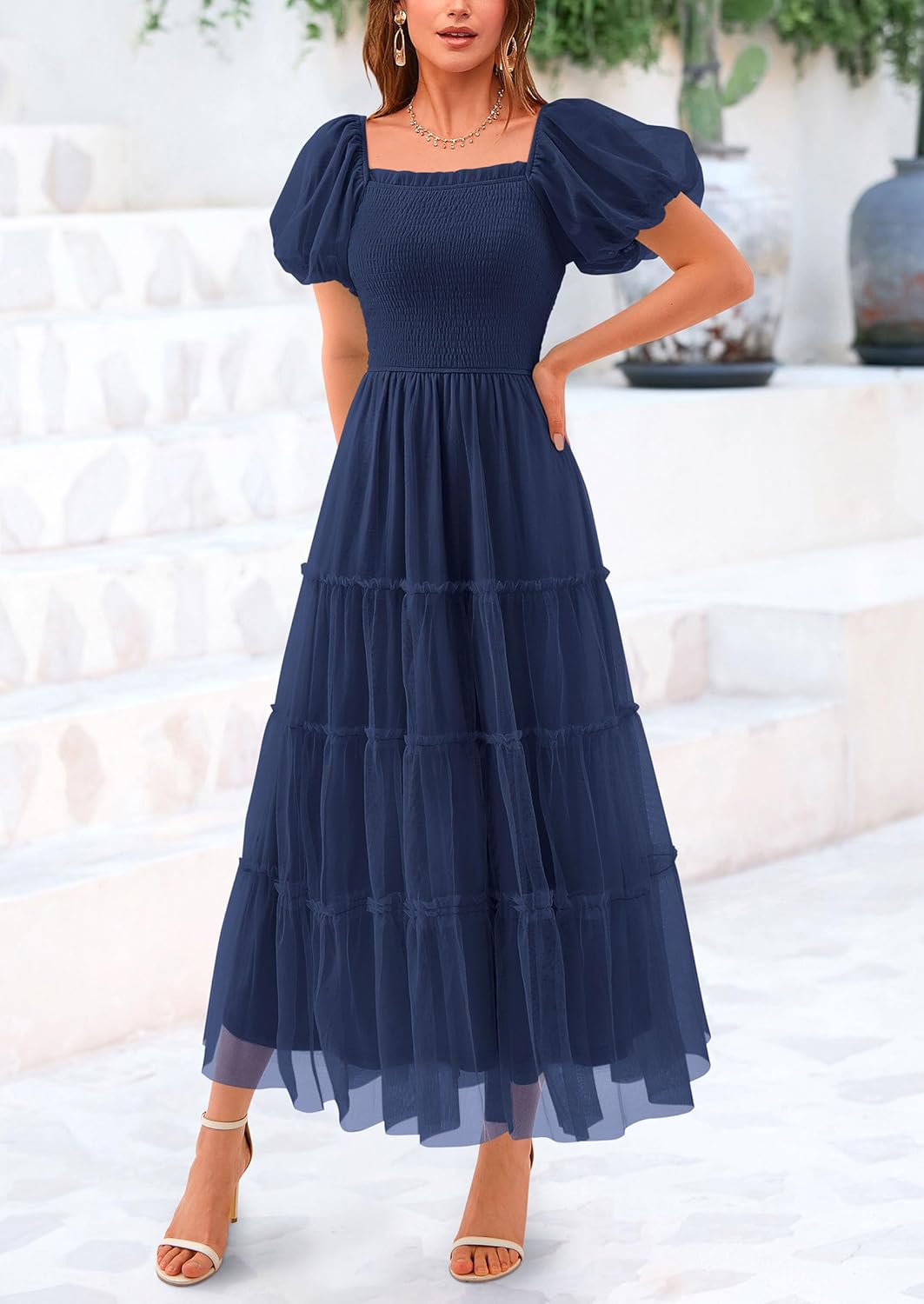 PRETTYGARDEN Women's Smocked Midi Tulle Dress 2026 Summer Puffy Short Sleeve Square Neck Ruffle Wedding Guest Party Dresses - Image 6