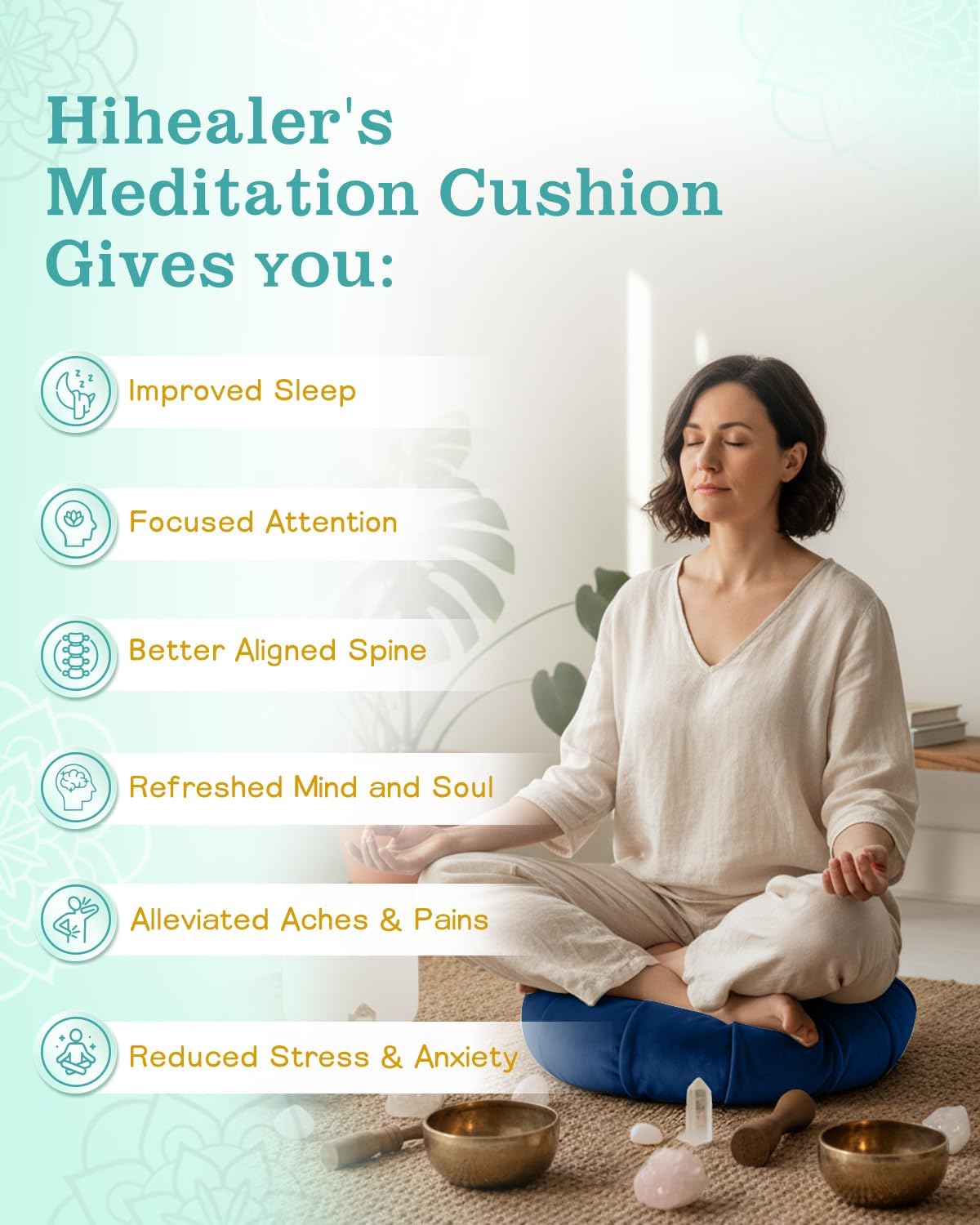 Hihealer Premium Crescent Meditation Cushion, Ergonomic Buckwheat Hull Floor Pillow for Adults, Comfortable Yoga Bolster for Meditation & Floor Sitting (Blue) - Image 5