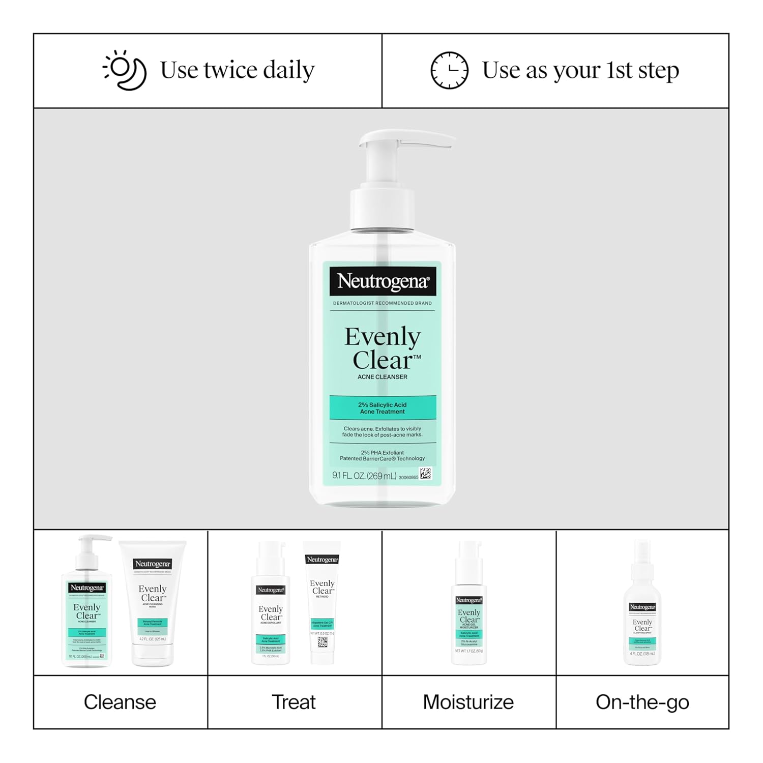 Neutrogena Evenly Clear Acne Cleanser with 2% Salicylic Acid & 2% PHA Exfoliant, Gentle Foaming Face Wash Clears Clogged Pores & Blackheads While Visibly Fading Look of Post-Acne Marks, 9.1 fl. oz - Image 8