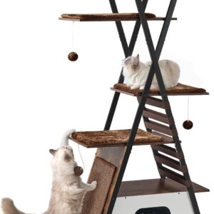 FourFurPets 72.4″ Modern Cat Tower for Indoor Cats – Multi-Level Condo With Caves, Tall Tree With Scratching Board, Wooden Tower With Large Perch, Removable Pads, Rustic Brown