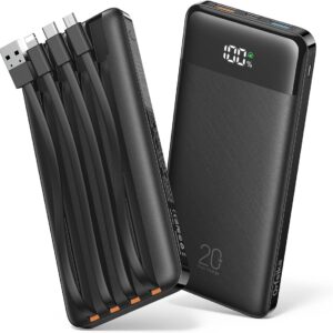 Orfeika 20000mAh Power Bank Fast Charging, Portable Charger with 4 Built-in Cables & 6 Outputs, 20W PD USB C Battery Pack Compatible with iPhone 16/15, Galaxy, Android, iPad & More (Travel Essential)