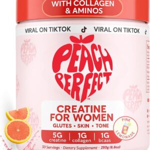 Peach Perfect Creatine for Women – Micronized Creatine Monohydrate Powder with BCAA & Collagen for Glute Strength Support, Boosts Energy, Focus, Strength, and Endurance – Pink Lemonade, 30 Servings