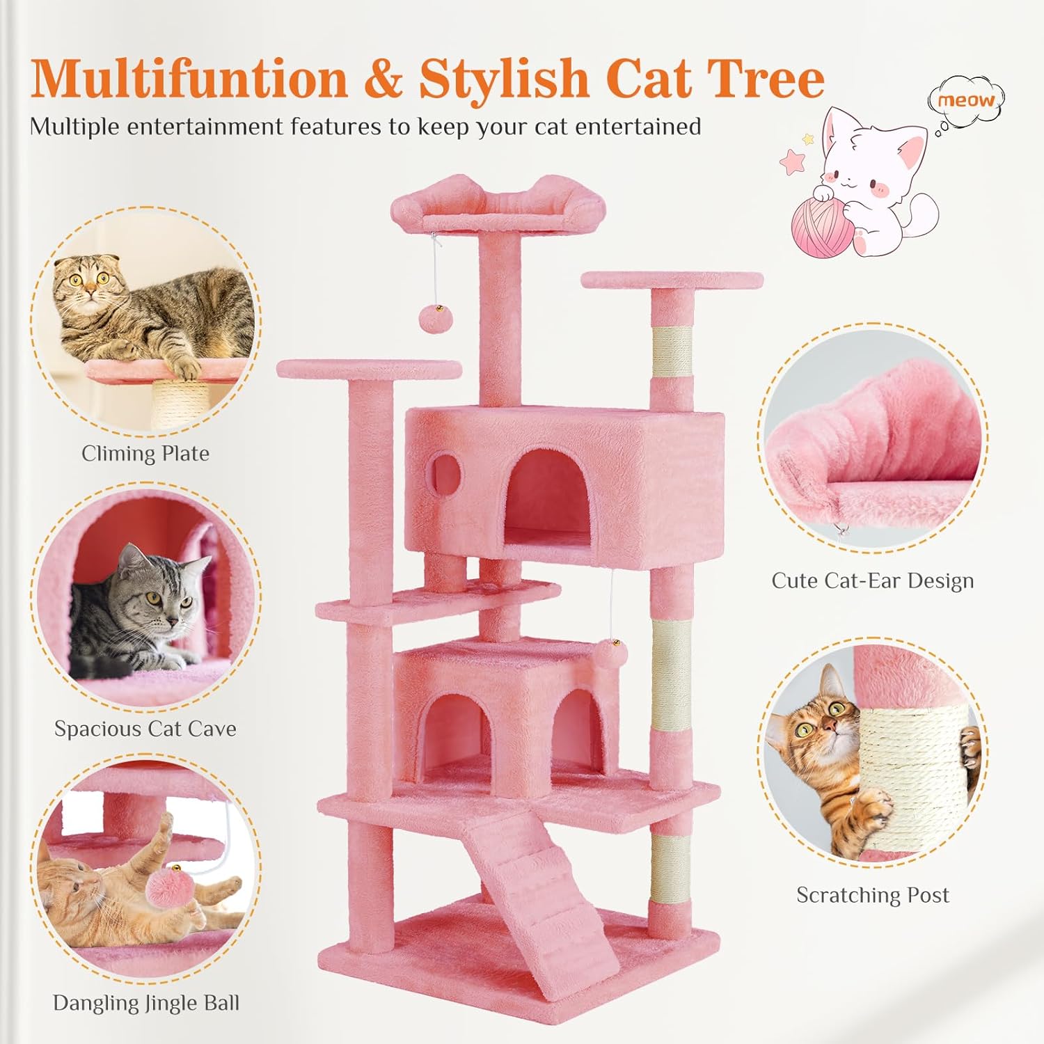 Sweetcrispy 54 Inch Cat Tree Tower, Multi-Level with Cat Scratching Post, Indoor Cat Condo with Climbing Ladder, Plush Toy, Play House for Cat, Pink - Image 2