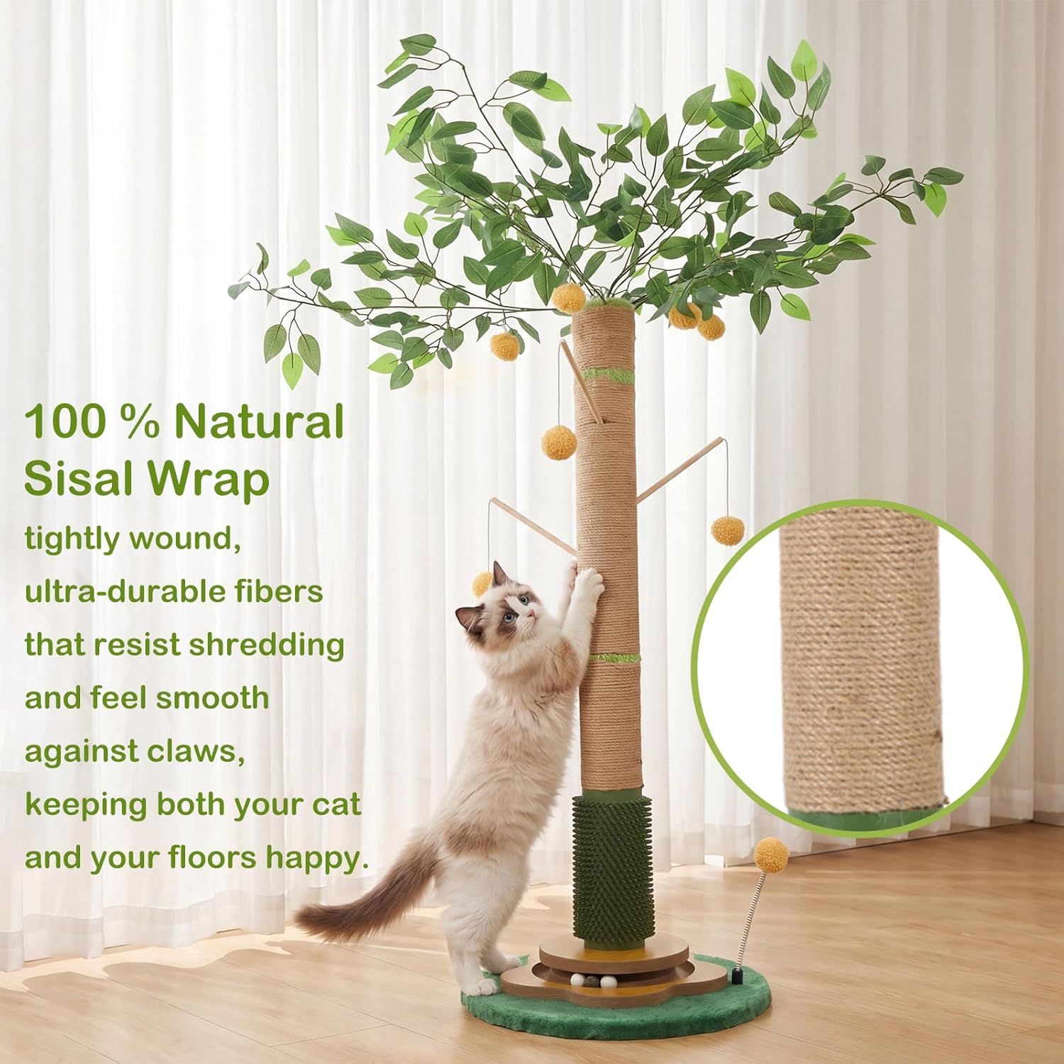 Tall Cat Scratching Post 51 Inch, Cat Scratching Post for Indoor Cats Adults, Sisal Cat Scratcher with Heavy Duty Stable Base & Hanging Toys & Self Grooming Brush for Kittens Medium Large Cats - Image 7
