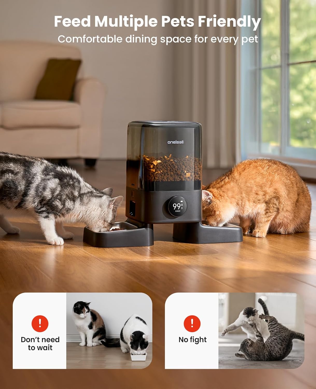 oneisall Cordless WiFi Automatic Cat Feeder for 2 Cats, Rechargeable 100-Day Battery Operated Auto Cat Feeder, 20 Cups/5L Timed Cats Food Dispenser Automatic for Large Kibble, Smart App Control - Image 6