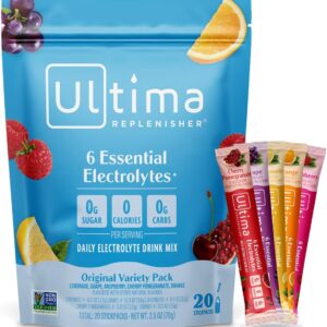 Ultima Replenisher Daily Electrolyte Powder – Original Variety Pack, 20 Stickpacks – Zero Sugar Hydration Packets with 6 Electrolytes and Minerals – Sugar Free, Plant Based & Keto Friendly​ Drink Mix