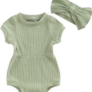 FOCUSNORM Baby Girl Summer Clothes Ribbed Short Sleeve Romper Solid Color Bodysuits Bow Headband Outfit Newborn Girl Jumpsuit