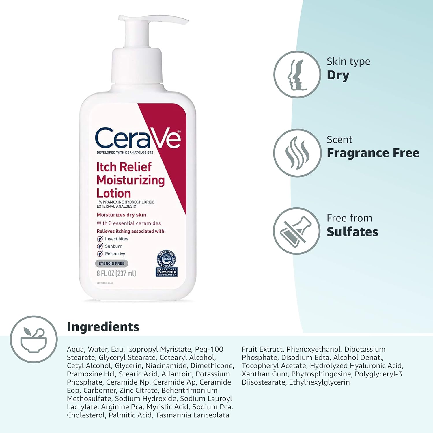 CeraVe Anti Itch Moisturizing Lotion with Pramoxine Hydrochloride, Relieves Itch with Minor Skin Irritations, Sunburn Relief, Bug Bites, 8 Ounce - Image 8