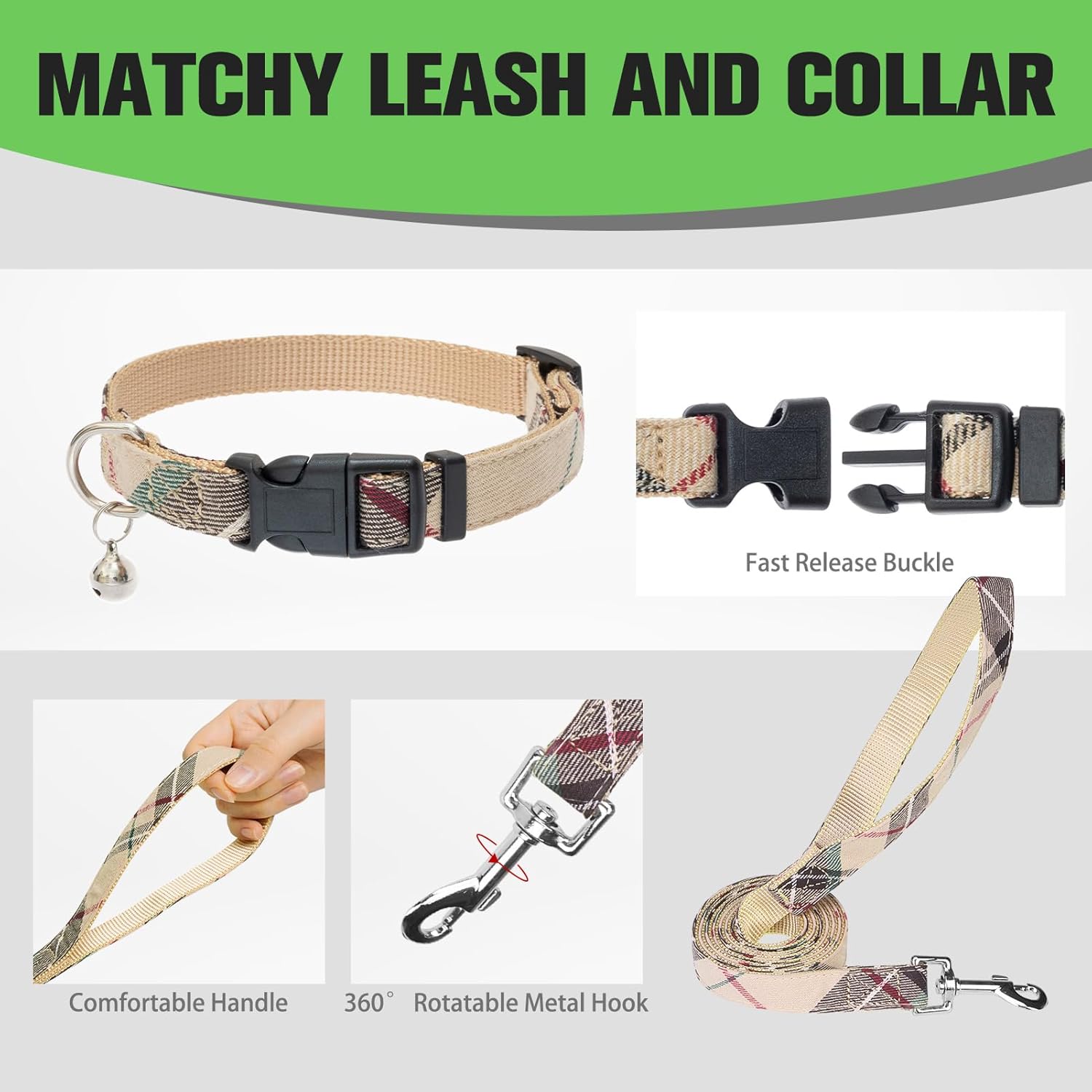 EXPAWLORER Plaid Small Dog Harness and Leash Set with AirTag Holder - No Pull Soft Padded Step in Dog Vest Harness Medium Sized Dog, Reflective Puppy Harness, Collar and Leash for Walking, Khaki S - Image 8