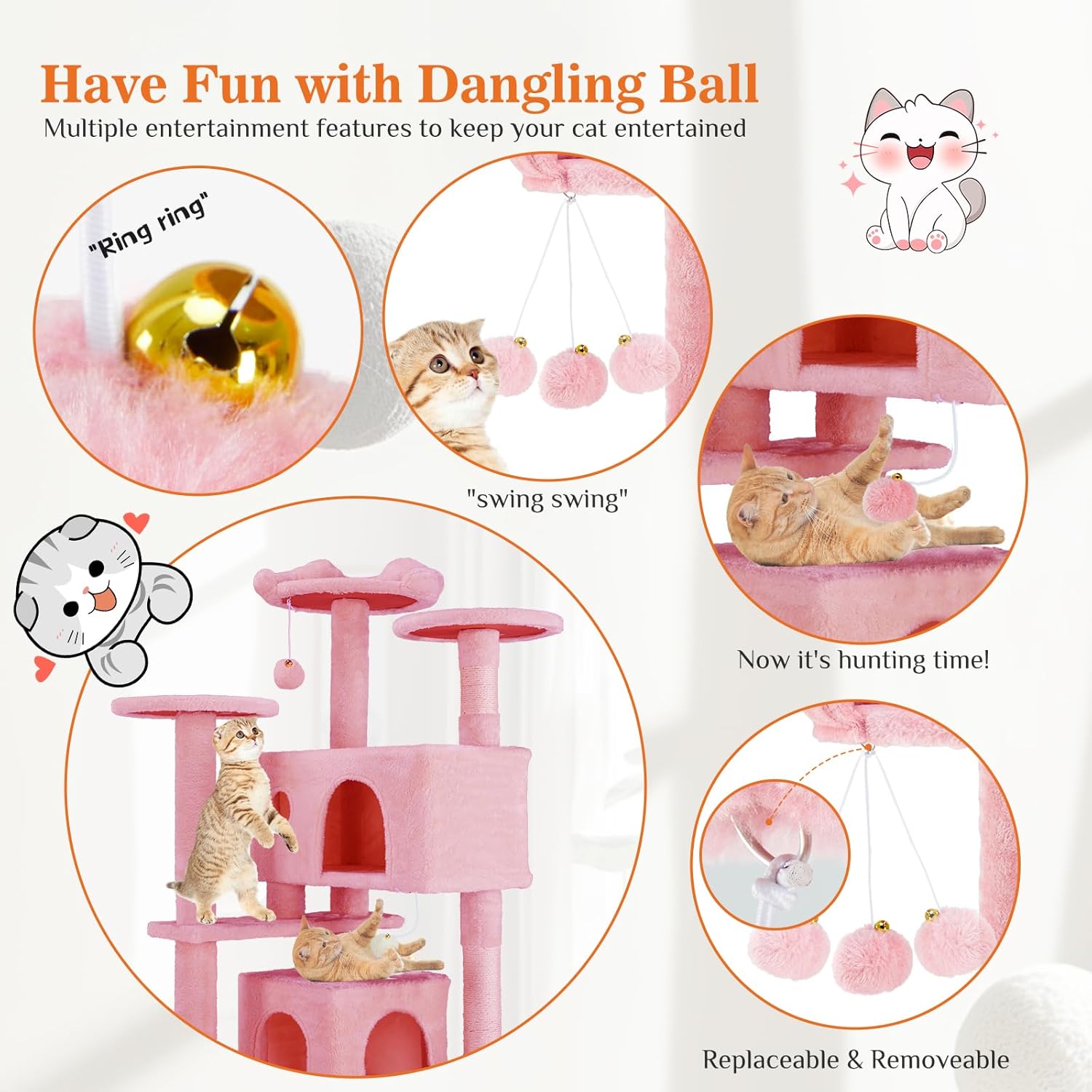 Sweetcrispy 54 Inch Cat Tree Tower, Multi-Level with Cat Scratching Post, Indoor Cat Condo with Climbing Ladder, Plush Toy, Play House for Cat, Pink - Image 3