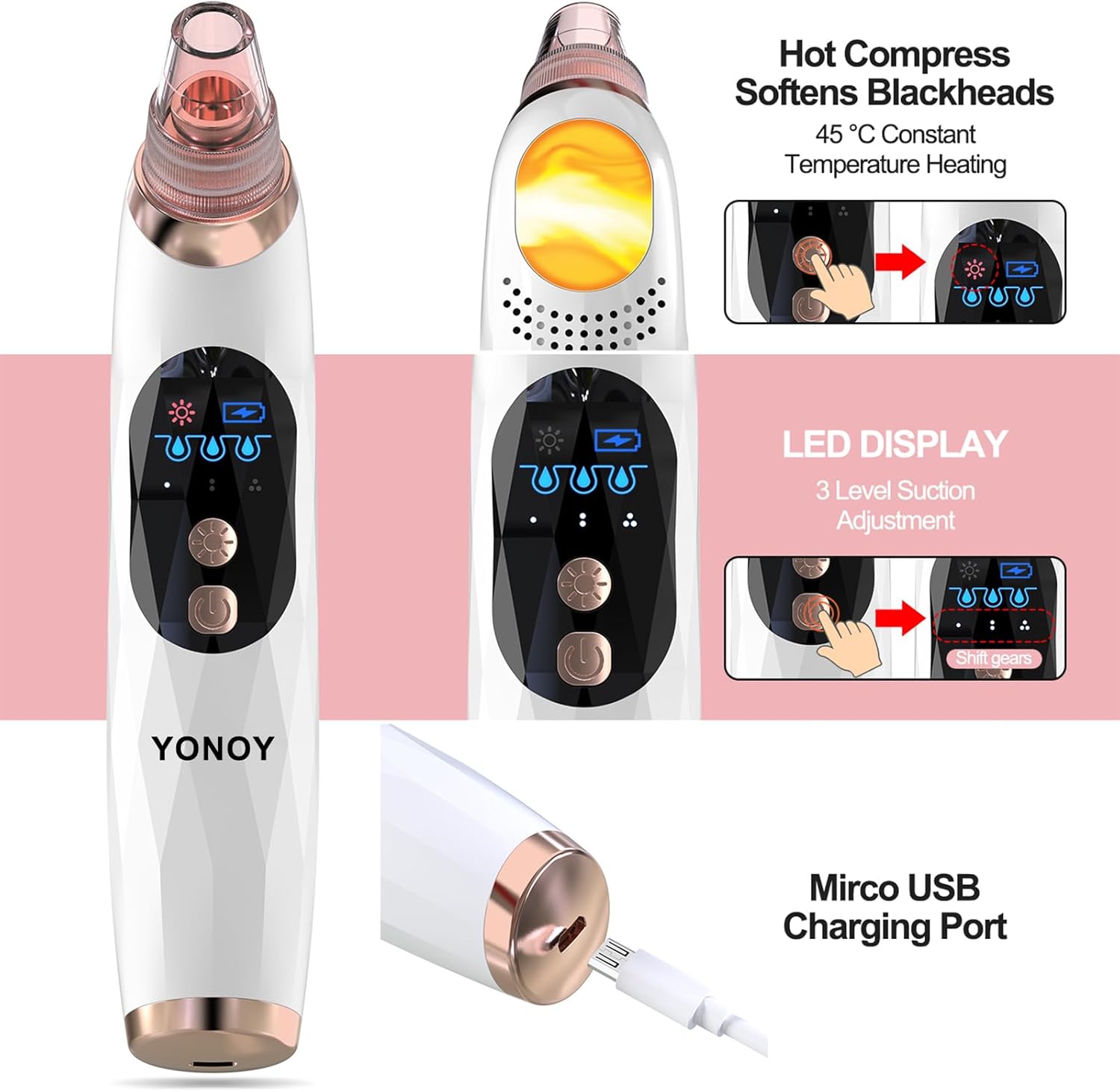 Blackhead Remover Pore Vacuum with Hot Compress-YONOY 2026 Upgraded Electric Face Cleaner Pore Extractor Pimple Extractor Acne White Heads Removal Tool with 5 Suction Head LCD Screen and Base - Image 3