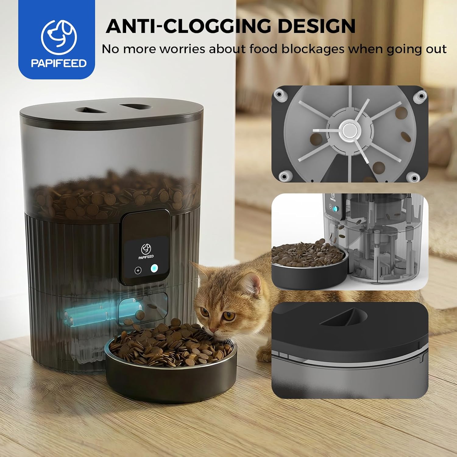 PAPIFEED Automatic Cat Feeder with App, 2.4G WiFi Cat Food Dispenser, 3L Slow Feeder Timed Cat Feeders for Dry Food, 10 Meals/Day, 6 Portions/Meal, Dual Power Supply Smart Pet Feeder for Small Dog - Image 8