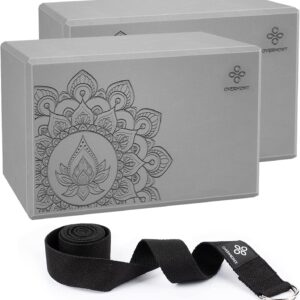 Overmont Yoga Block 2 Pack Supportive Latex-Free EVA Foam Soft Non-Slip Surface for General Fitness Pilates Stretching and Meditation 9″x6″x3″ Yoga Strap Included