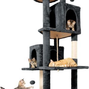 58.5inch Large Cat Tree Tower Condo for Indoor Cats, Soft Plush Multi-Level Climbing Tree Cat House with 1 360° Rotating Cat Cave, Scratching Post, More Entrance/Exit, Sisal Rope, Grey Black