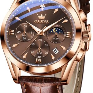 OLEVS Men’s Leather Analog Quartz Watch – Luxury Chronograph Wristwatch with Date, Waterproof, Luminous – Dress Style