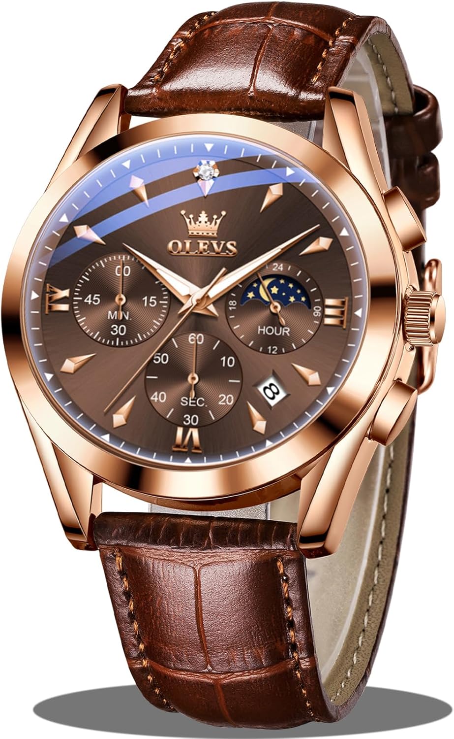 OLEVS Men's Leather Analog Quartz Watch - Luxury Chronograph Wristwatch with Date, Waterproof, Luminous - Dress Style