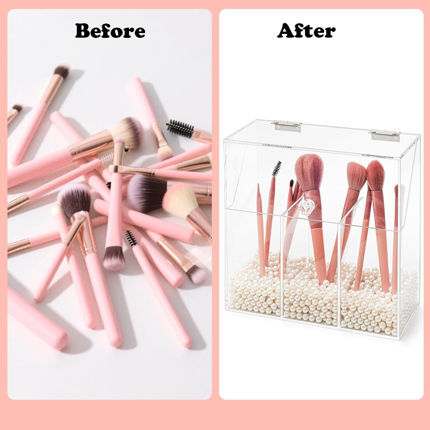 Okllen Makeup Brush Holder with Dustproof Lid, White Pearls, Acrylic Clear Makeup Brush Organizer with 3 Compartment, Large Cosmetic Brush Storage Box Case for Vanity, Bathroom, Bedroom - Image 7
