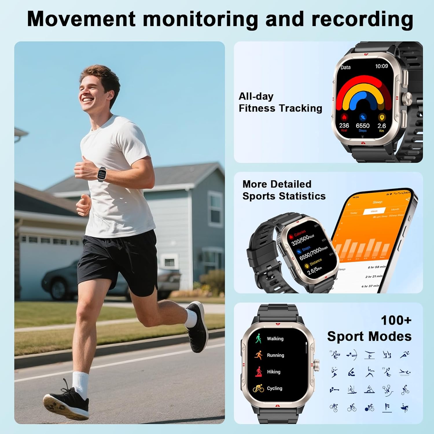 Military Smart Watches for Men Built-in GPS, 2.06" Smart Watch with Answer/Make Calls, Fitness Trackers with Heart Rate/Sleep/Blood Pressure/100+ Sport Modes, IP68 Waterproof Watch iOS Android(Black) - Image 3