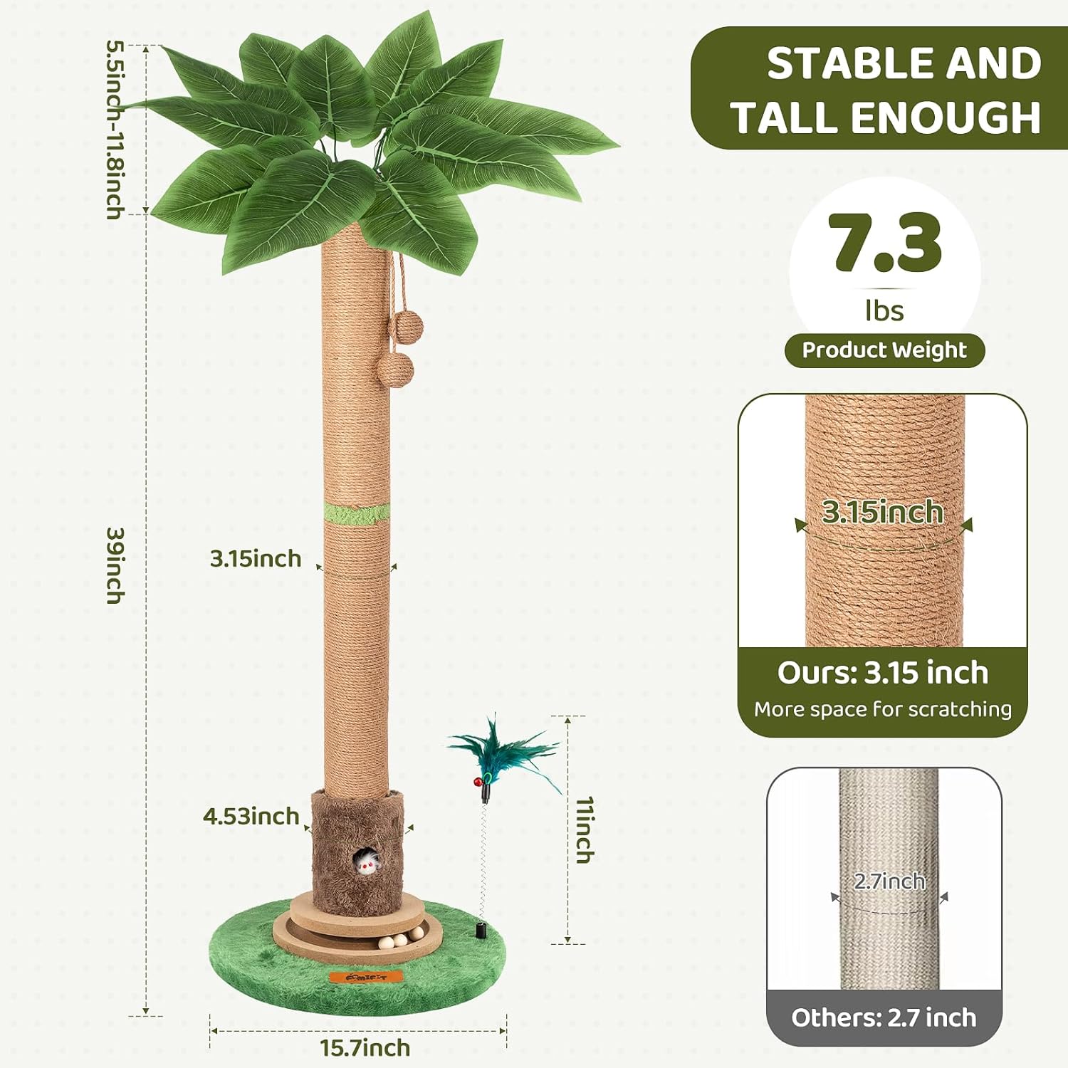Cat Scratching Post, Famifit 39" Nature Sisal Cat Scratch Post for Indoor Cats, Large Cat Scratcher with Cat Toy Mouse Hole & Interactive Wooden Ball for Kittens Adults Cats - Image 6