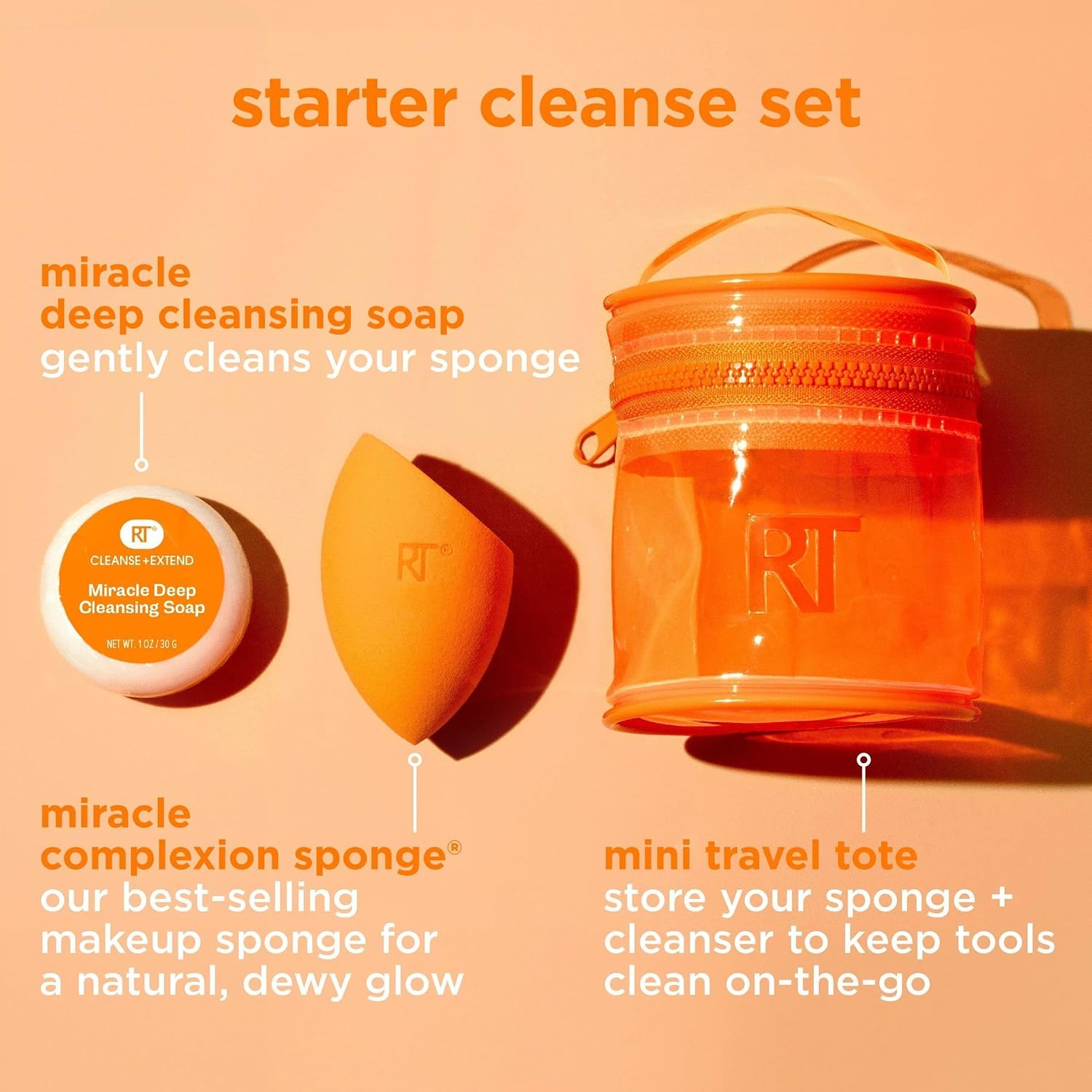 Real Techniques Miracle Blend + Cleanse 3 Piece Set, Makeup Sponge For Blending Foundation & Solid Soap For Deep Cleaning Sponges, Includes Travel Storage Tote, Cruelty-Free, & Latex-Free - Image 3
