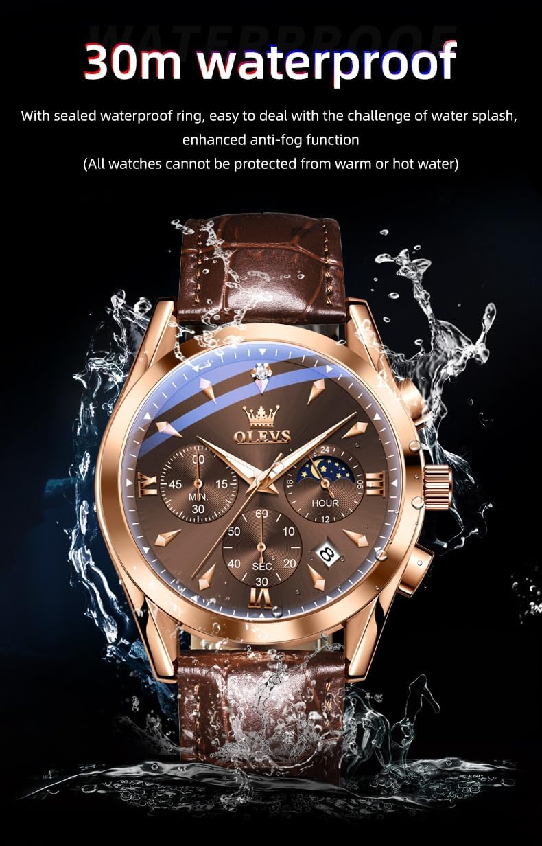 OLEVS Men's Leather Analog Quartz Watch - Luxury Chronograph Wristwatch with Date, Waterproof, Luminous - Dress Style - Image 4